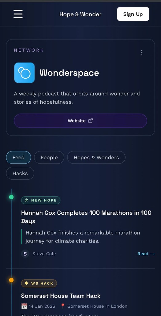 Example of a Hope & Wonder network page: branded header, live feed, and member stories.
